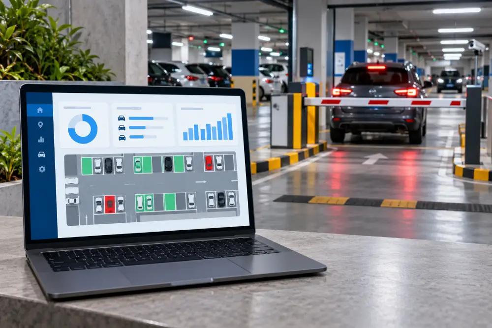 Parking management software development dashboard showing permits, reservations, payments, occupancy, and access records
